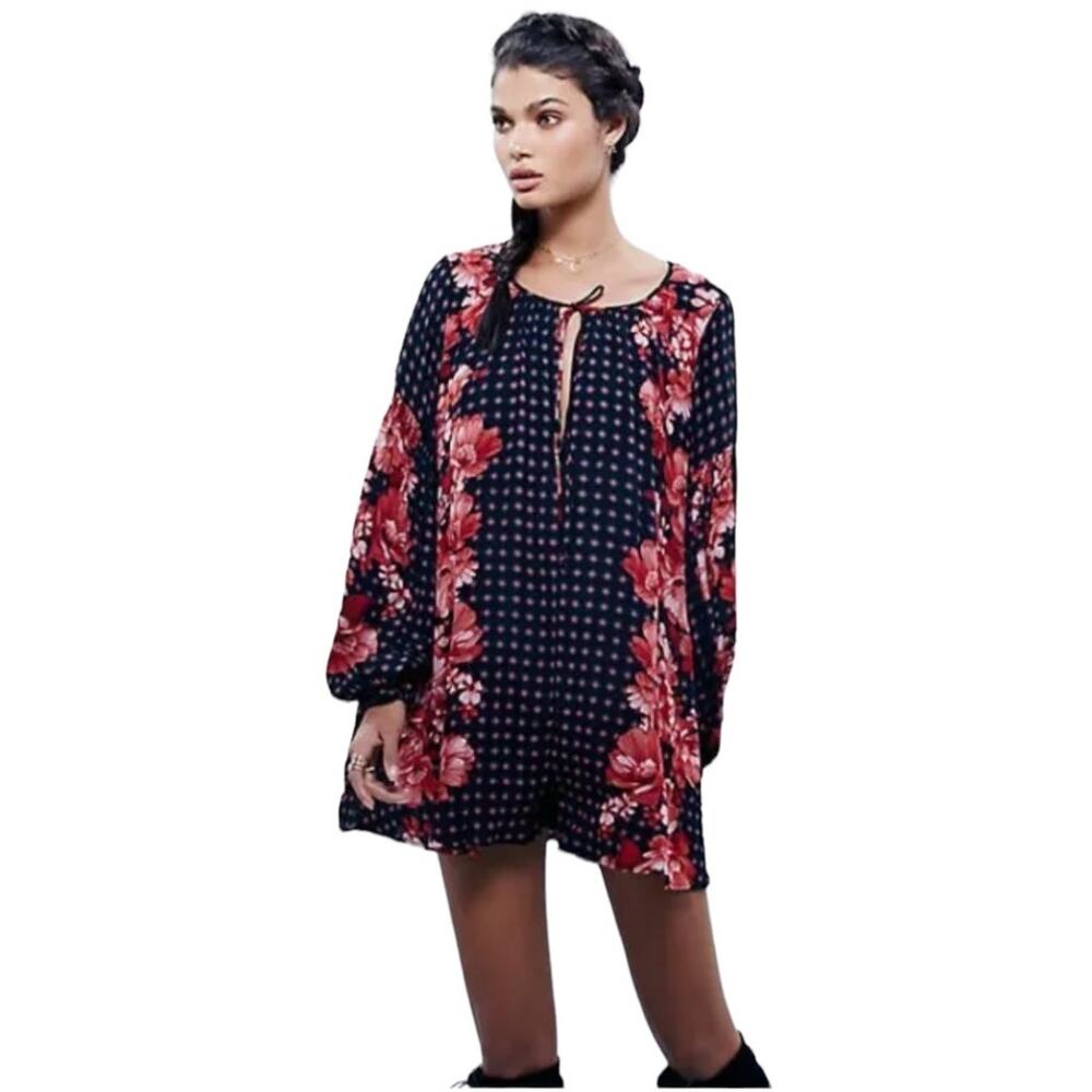 Free People Red Black Long Balloon Sleeve Floral Print V-Neck Boho Top Size XS - Picture 1 of 9